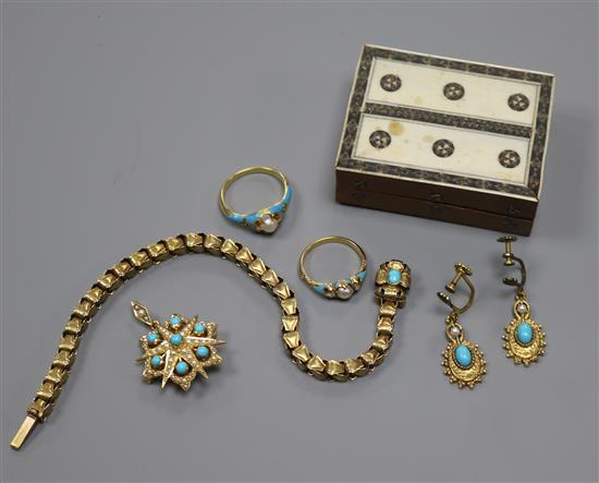 Five items of Victorian and later turquoise and gem set jewellery including diamond and cultured pearl rings.
